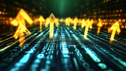 Pathway to Prosperity Glowing Arrows on Binary Code Represent Economic Growth and Progress