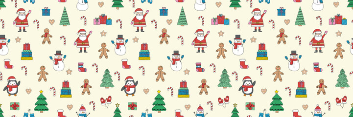 Christmas seamless pattern with cartoon characters and decorations. Vector illustration