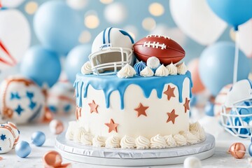 Super Bowl-themed cake decorated with football helmets, icing, and festive decorations for the big game.