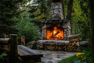A roaring fire in an outdoor stone fireplace, surrounded by nature, with a rustic log bench and trees in the background, creating a peaceful outdoor retreat, perfect for cold evenings under the stars