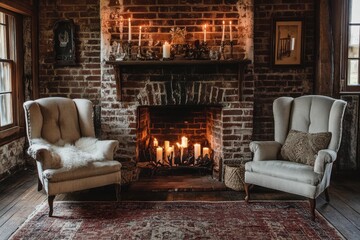 A vintage brick fireplace in an old farmhouse, the mantel decorated with family heirlooms and candles, casting soft, flickering shadows on the worn wooden floors and cozy armchairs