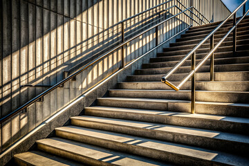 Fototapeta premium Brutalism A modern staircase with metal railings, illuminated by sunlight, casting sharp shadows against a textured wall.