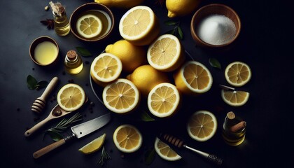Lemon halves, solid dark background in the center