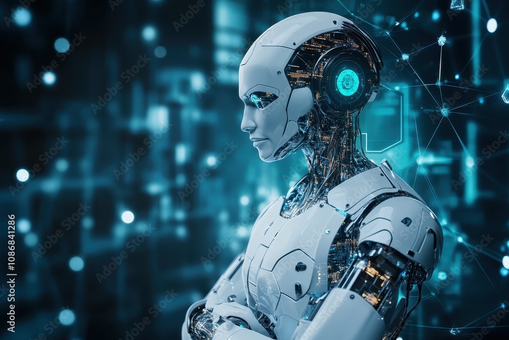 Poster a futuristic humanoid robot stands still in a digital environment with glowing technology elements