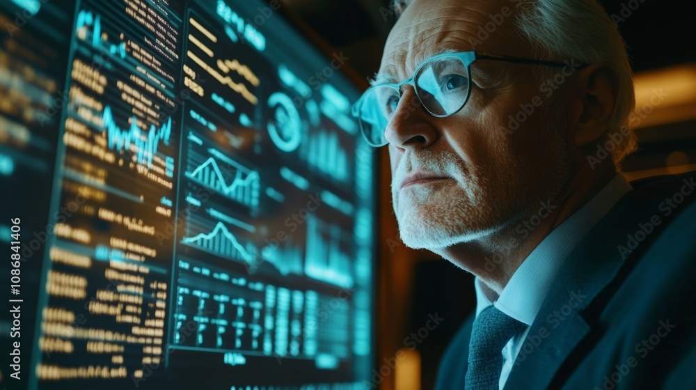 Poster senior professional analyzing data trends on digital display in modern office environment with focus