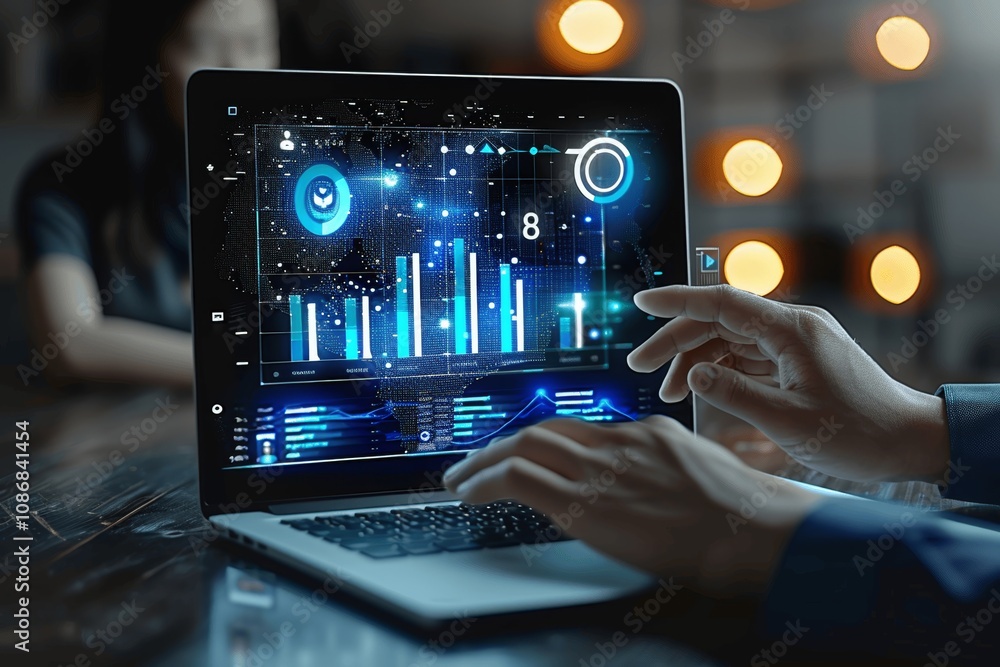 Poster businessman using ai technology for data graph presentation with digital marketing hologram insights