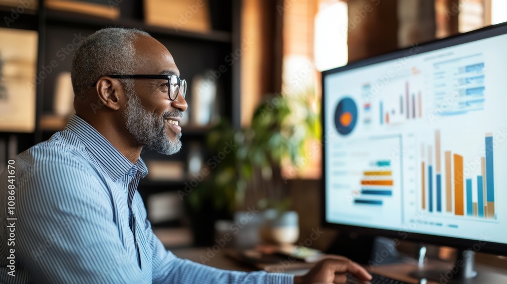 Poster professional financial advisor analyzing retirement data on computer screen with colorful graphs and