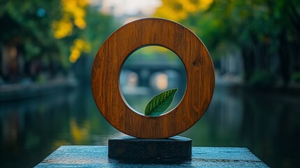 Wooden circle sculpture with leaf, canal background.