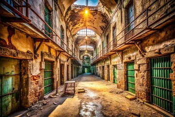 Fototapeta premium Historic Old Prison Interior with Crumbling Walls and Rusty Bars, Evoking a Sense of History and Mystery, Perfect for Illustrating Stories of Justice and Redemption