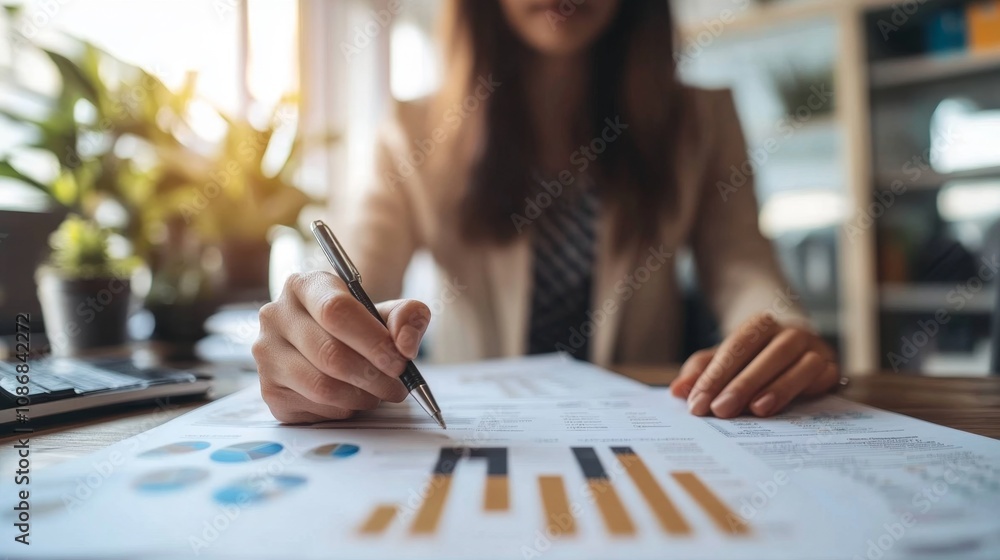 Poster professional financial planner engaging in discussion while analyzing charts and data at modern work