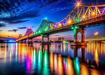 Obraz premium Illuminated Bridges Over the Great River: A Stunning Night View with Long Exposure and Panoramic Shot Capturing Reflections in High Resolution