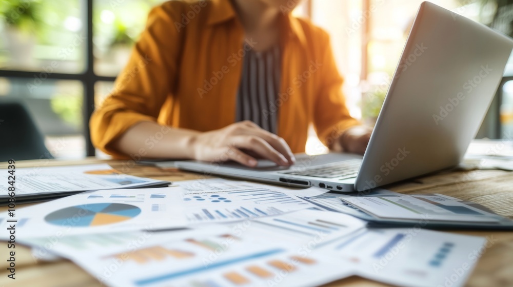 Poster professional individual reviewing a financial budget and management plans using a laptop in an offic