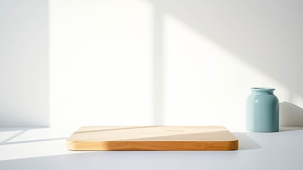 Simple Minimalist Wooden Platform With Light Streaks and a Blue Vase on a White Surface