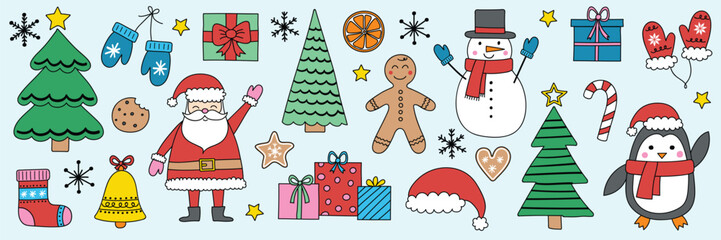 Christmas ornament design set. Hand drawn X-Mas elements: Santa Claus, tree, snowman, cookie, present. Clipart design. Vector illustration