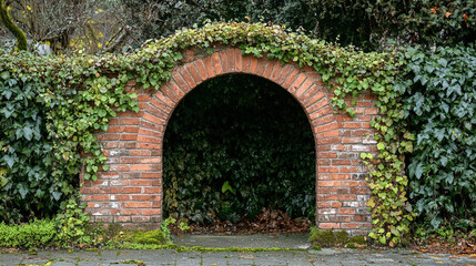 Detailed view of a small brick arch in a rustic setting, surrounded by ivy and moss.