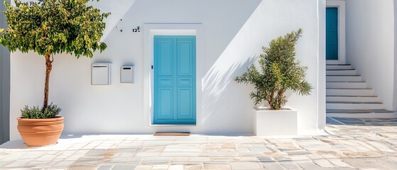 A Mediterranean villastyle lodging with white walls and blue accents