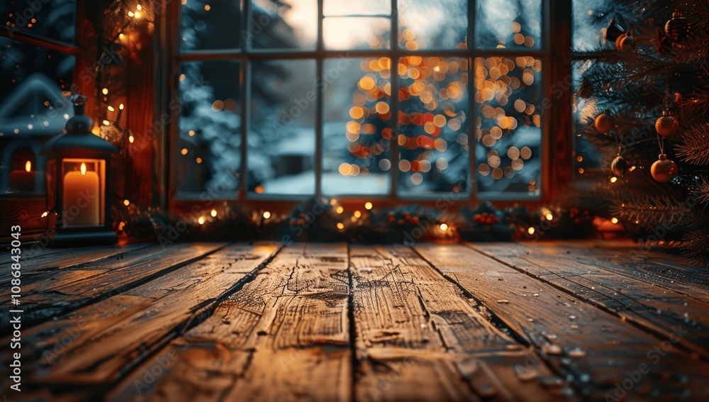 Poster christmas tree and window background with empty wooden table for product display