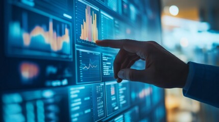 Financial Advisor Presenting Data Analysis with Graphs and Charts on Digital Screen Showing Performance Metrics in Modern Office Environment