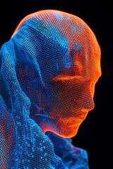 A Captivating Digital Portrait of a Human Form in Vibrant Neon Mesh, Blending Blue and Orange Tones Against a Dark Background for Futuristic Art Concepts