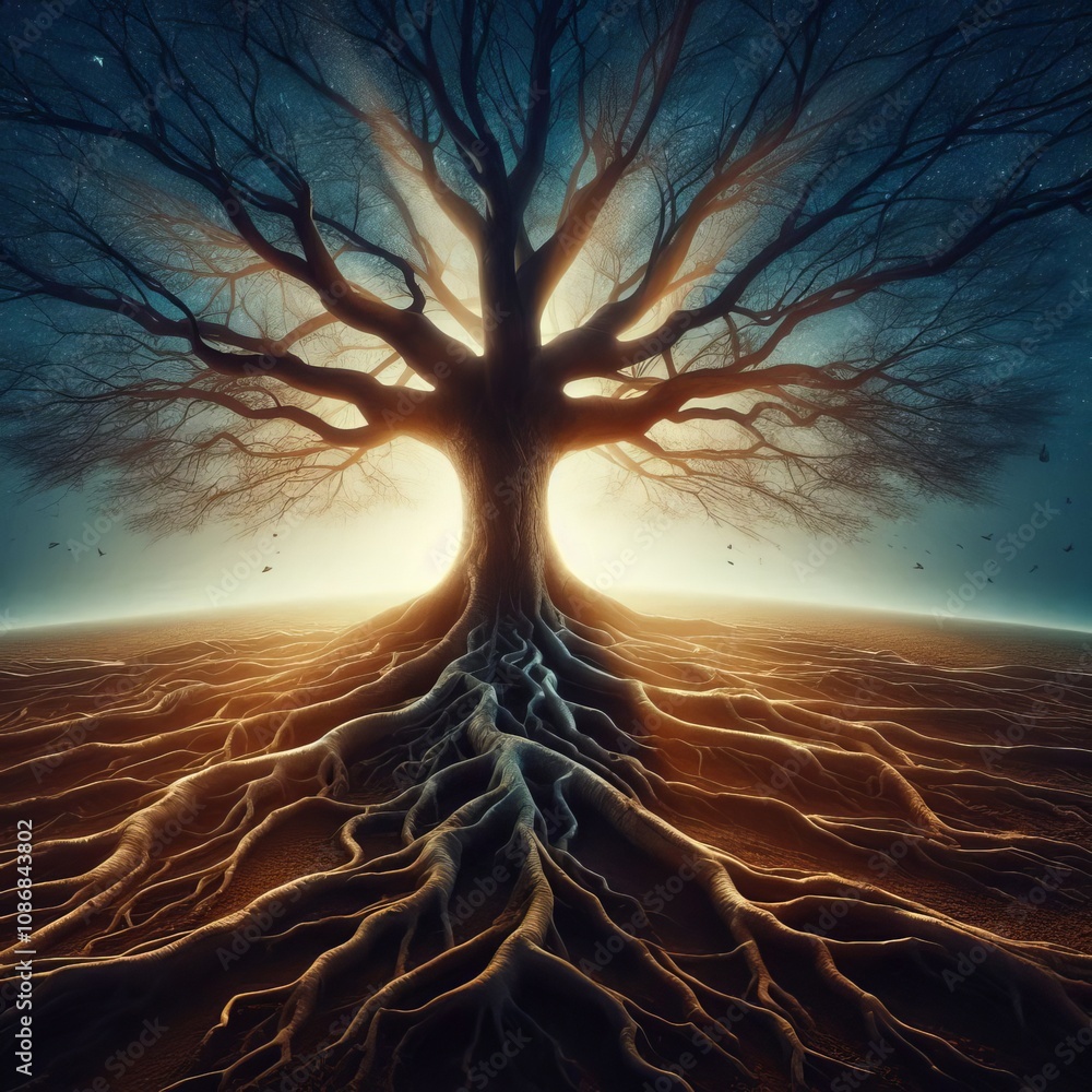 Poster tree with roots extending deep into the ground strength resilien