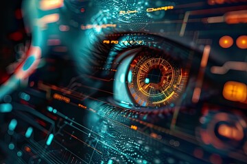 High-resolution digital interface overlay on a human eye with futuristic elements