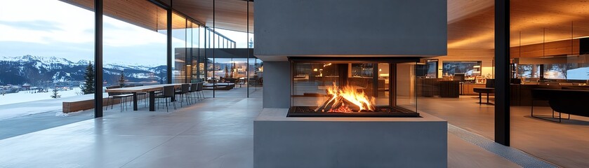 A modern ski lodge with a roaring fireplace and large glass walls