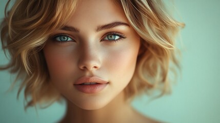 Naklejka premium Close-up portrait of a young woman with blonde wavy hair and blue eyes.