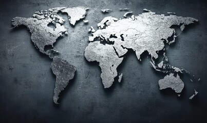 Detailed and Artistic Textured World Map with Metallic Finish Representing Global Connectivity and Geography on Grunge Background