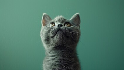 Obraz premium A charming gray cat looking curiously upward against a soft green background, showcasing its vibrant eyes and playful spirit, perfect for pet lovers.