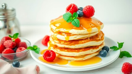 A stack of fluffy pancakes topped with fresh raspberries, blueberries, and a drizzle of golden syrup, a delightful breakfast treat.