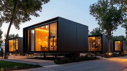 Obraz premium A modular pod lodge arranged in a hexagonal pattern