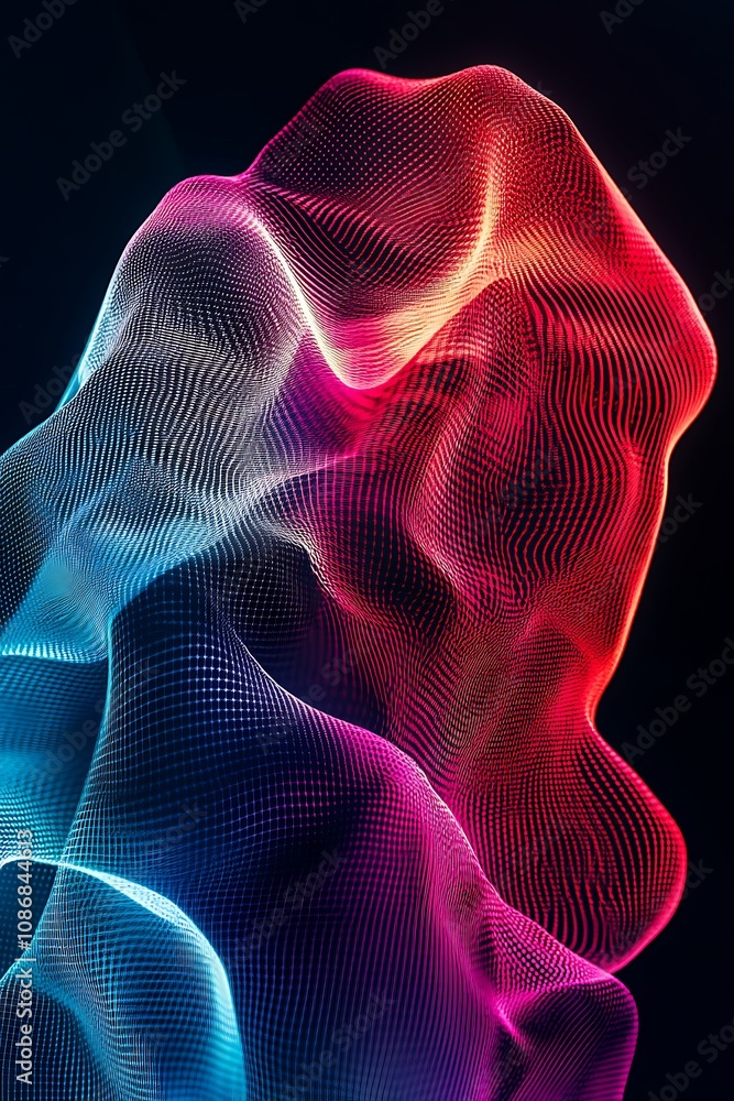 Poster abstract 3d mesh wave illustration with vibrant colors and fluid shapes representing energy, movemen