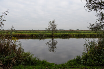 flat field farmland with water drainage ditch slot in Dutch countryside. Typical weather polder scene in rural Netherlands land manicured for working 