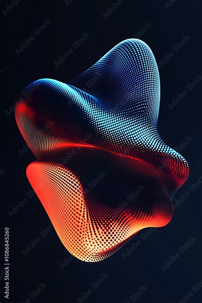 Poster abstract 3d shape with smooth curves and gradient colors in blue and red against a dark background, 