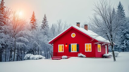 A warm, red cabin bathed in winter light, nestled amongst snow-covered trees, evokes a sense of peace and solitude.