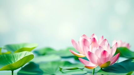 A delicate pink water lily blossom emerging from a bed of lush green lily pads, bathed in soft natural light.