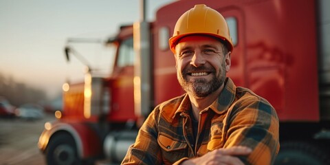 Happy male truck driver wearing a hard hat and plaid shirt, posing confidently by a classic red truck during sunset. Perfect for transportation themes.