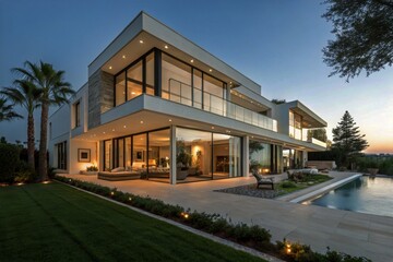 Obraz premium Modern Villa Design with Large Windows - Contemporary Architecture, Spacious Interiors, Luxurious Living Spaces, Natural Light, Open Floor Plan, Sleek Style, Minimalist Aesthetic, High-End Design