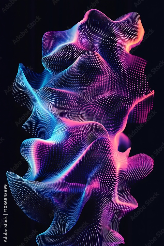 Poster abstract 3d wave forms in vibrant blue and pink colors show interwoven lines and curves against a da