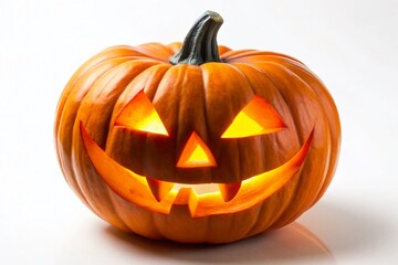 Fototapeta premium Isolated Halloween Carved Jack-O'-Lantern Pumpkin on White Background for Creative Seasonal Decor and Photography Use
