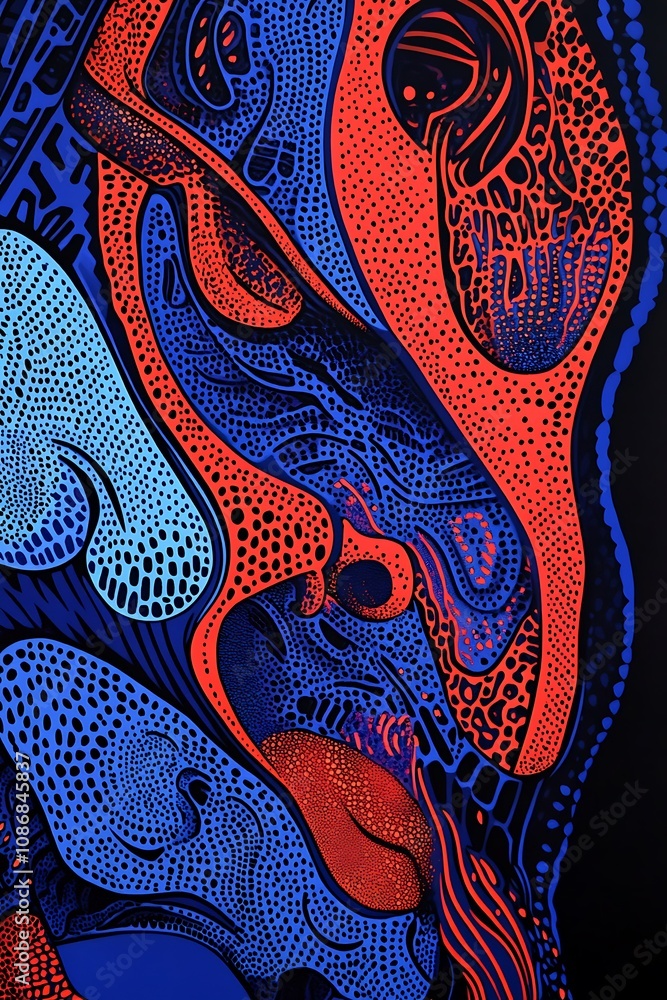 Aufkleber abstract art design with bold colors and intricate patterns representing surreal human forms in vivi