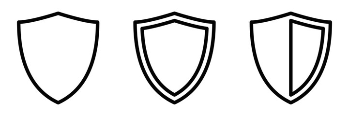 Set of shield icons in outline style. Editable stroke.