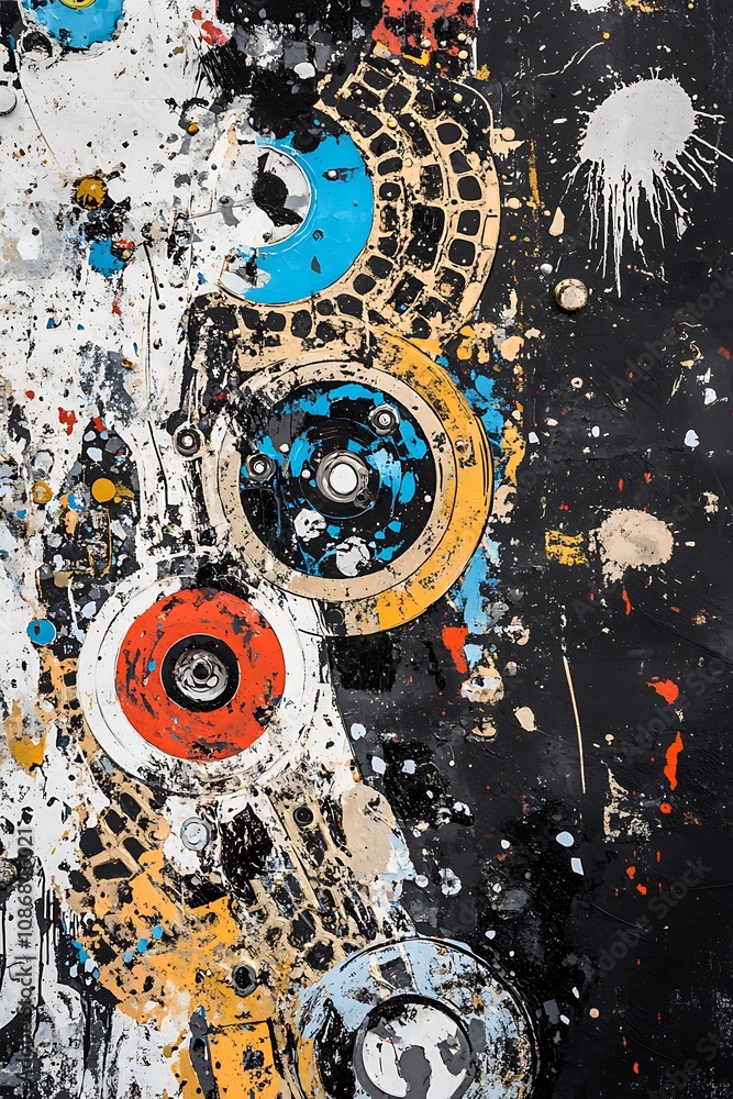 Poster abstract art displaying vibrant colors and dynamic shapes with splashes of paint and circular patter