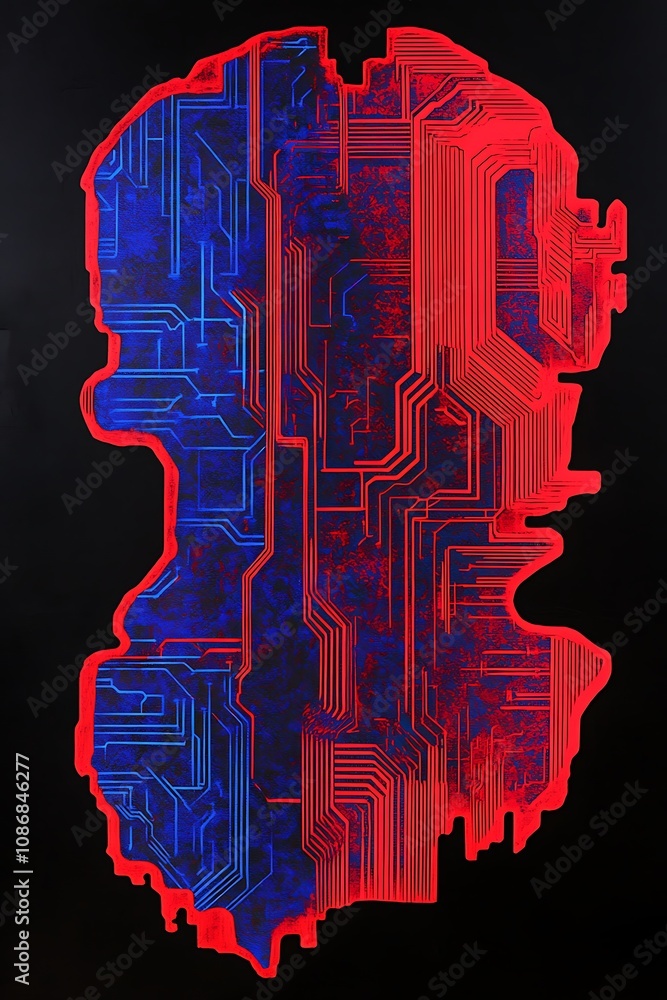 Poster abstract art representation of circuit board patterns with vibrant red and blue colors on a dark bac
