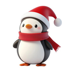 A cheerful penguin wearing a Santa hat and red scarf, perfect for holiday themes.