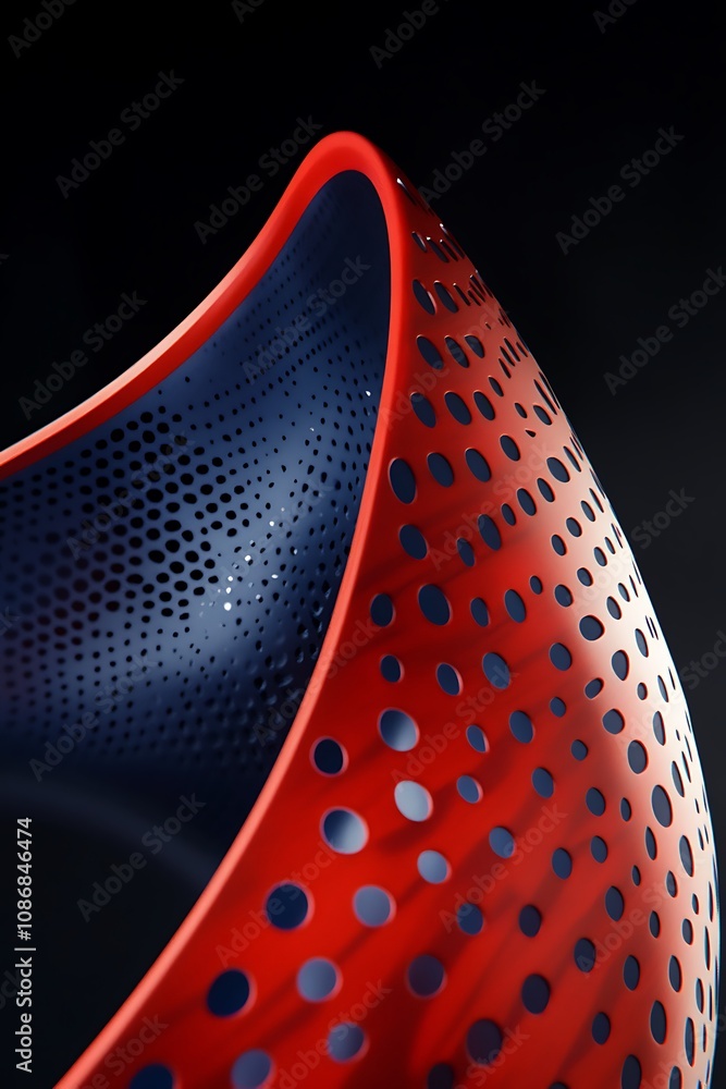 Poster abstract artistic bowl with curved shape and perforated surface in red and blue colors on dark backg