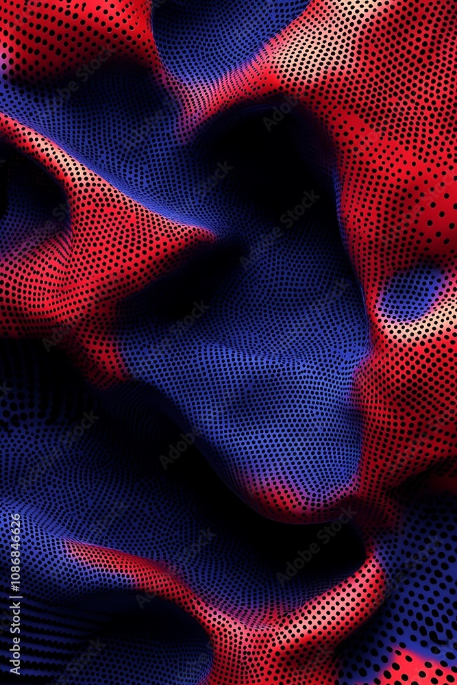 Poster abstract background design featuring dynamic waves of red and blue with polka dot patterns that crea