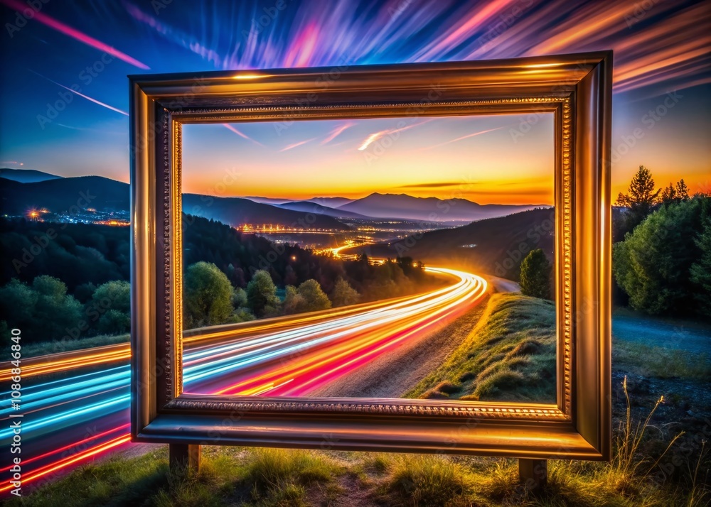 Poster Long Exposure Artistry: Captivating Outline of a Picture Frame with Dynamic Light Trails and Environmental Elements Captured in a Unique Artistic Perspective