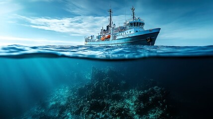 The rugged research vessel explores the ocean depths, discovering the rich marine life beneath the shimmering surface and conducting important research.