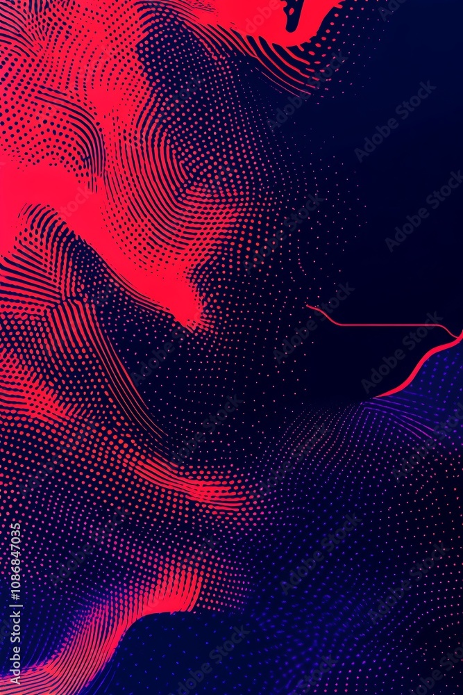 Poster abstract background of vibrant red and dark blue lines and dots creating dynamic wave patterns for m
